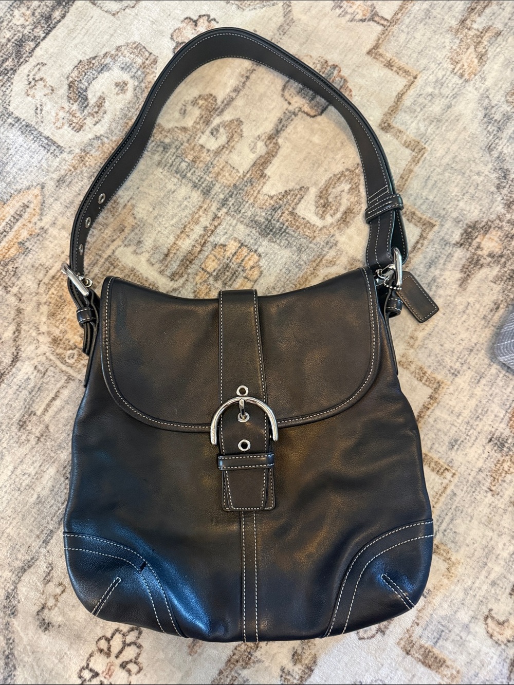 Coach Black AuthenticLeather Shoulder Bag with White Stitching and Silver Buckle